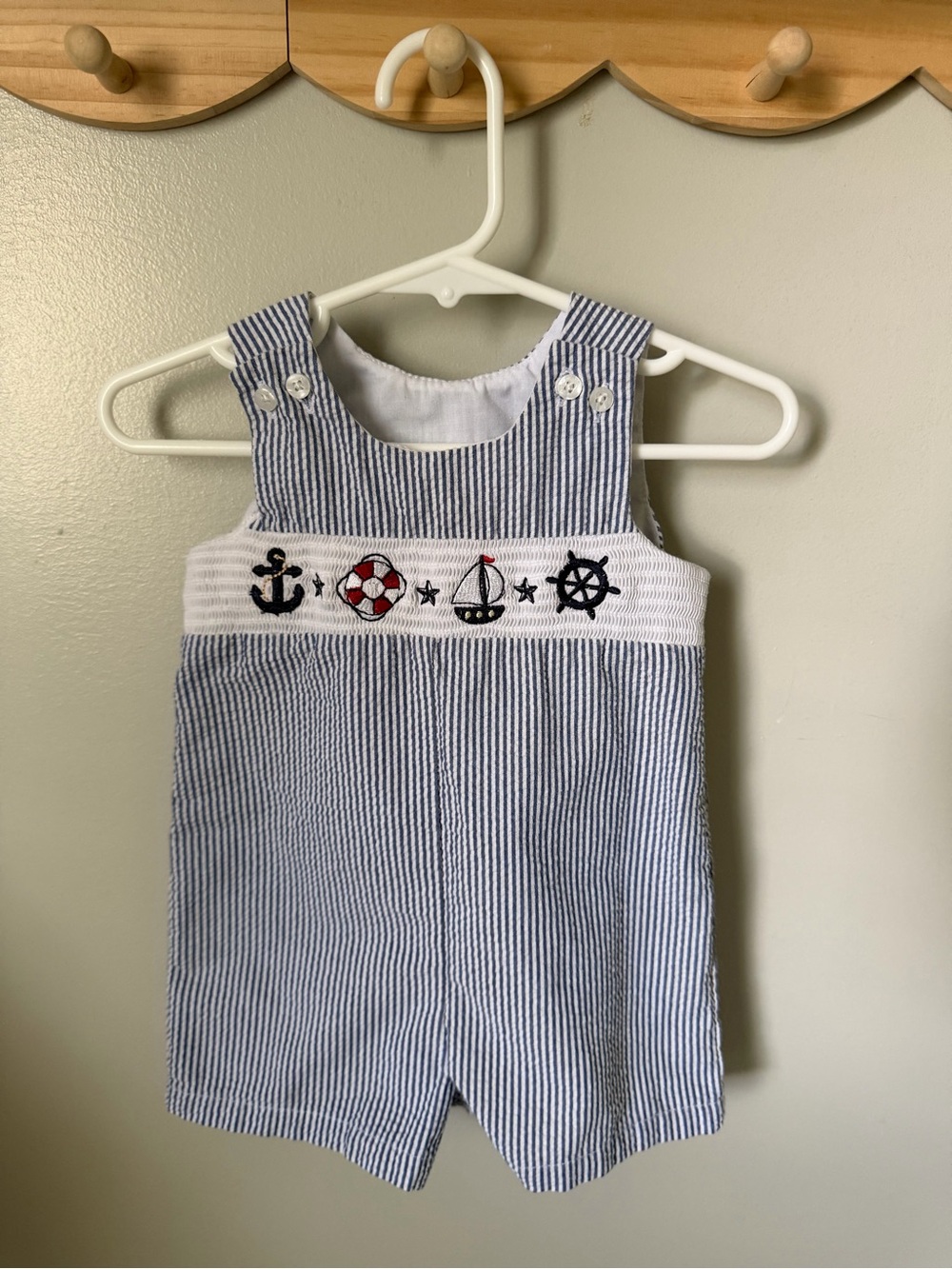 Boys Navy White Striped Nautical Embroidered Sleeveless Romper, 6/9M